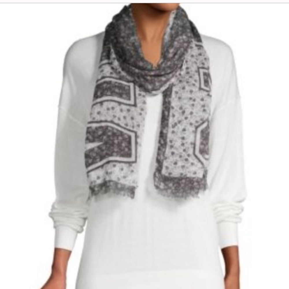 Vince Camuto Black White Gray Logo Scarf NWT – Floral Print, Lightweight, 76"